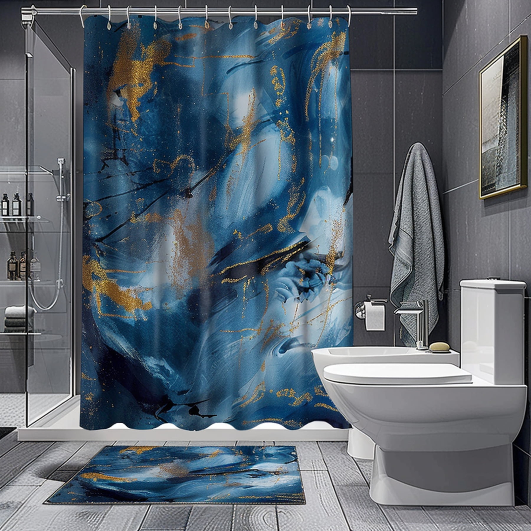 Blue And Gold Abstract Art Style Bathroom Shower Curtain Set With