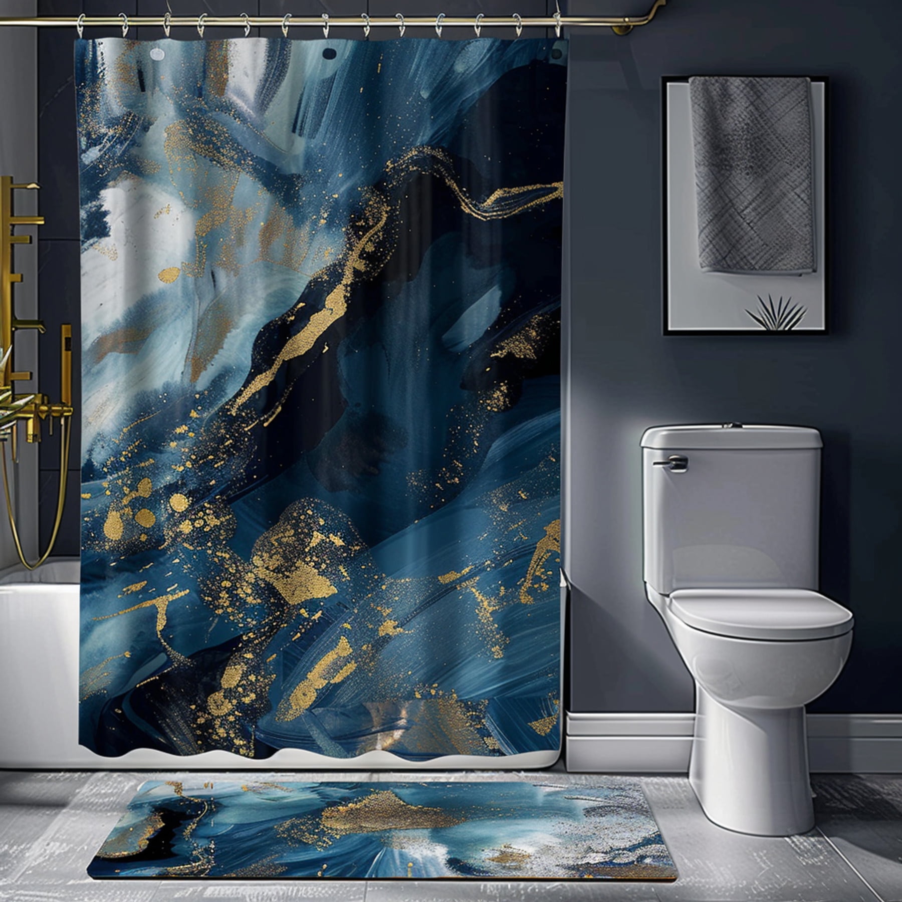 Blue and Gold Abstract Bathroom Set with Matching Shower Curtain White