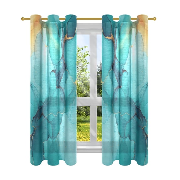 Blue and Gold Abstract Semi Sheer Curtains for Living Room Bedroom Set of 2 Insulated Window Drapes
