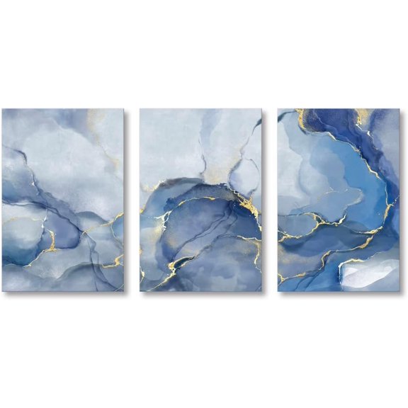 Blue and Gold Abstract Wall Art Modern Watercolor Painting Fluid Ink Canvas Print Artwork