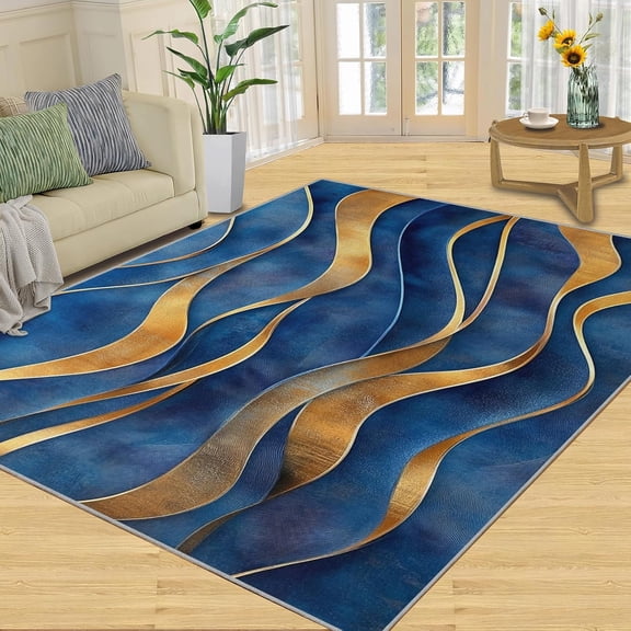 Blue and Gold Area Rug, Abstract Stripes Rugs for Living Room, Wave Art Washable Rugs for Bedroom, Low Pile Non Slip, Large Carpet Home Decor-5' x 7'