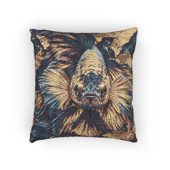 Blue and Gold Betta Fish Woven Pillow, Cotton-Polyester Shell, Aquatic Accent for Living Room or Bedroom