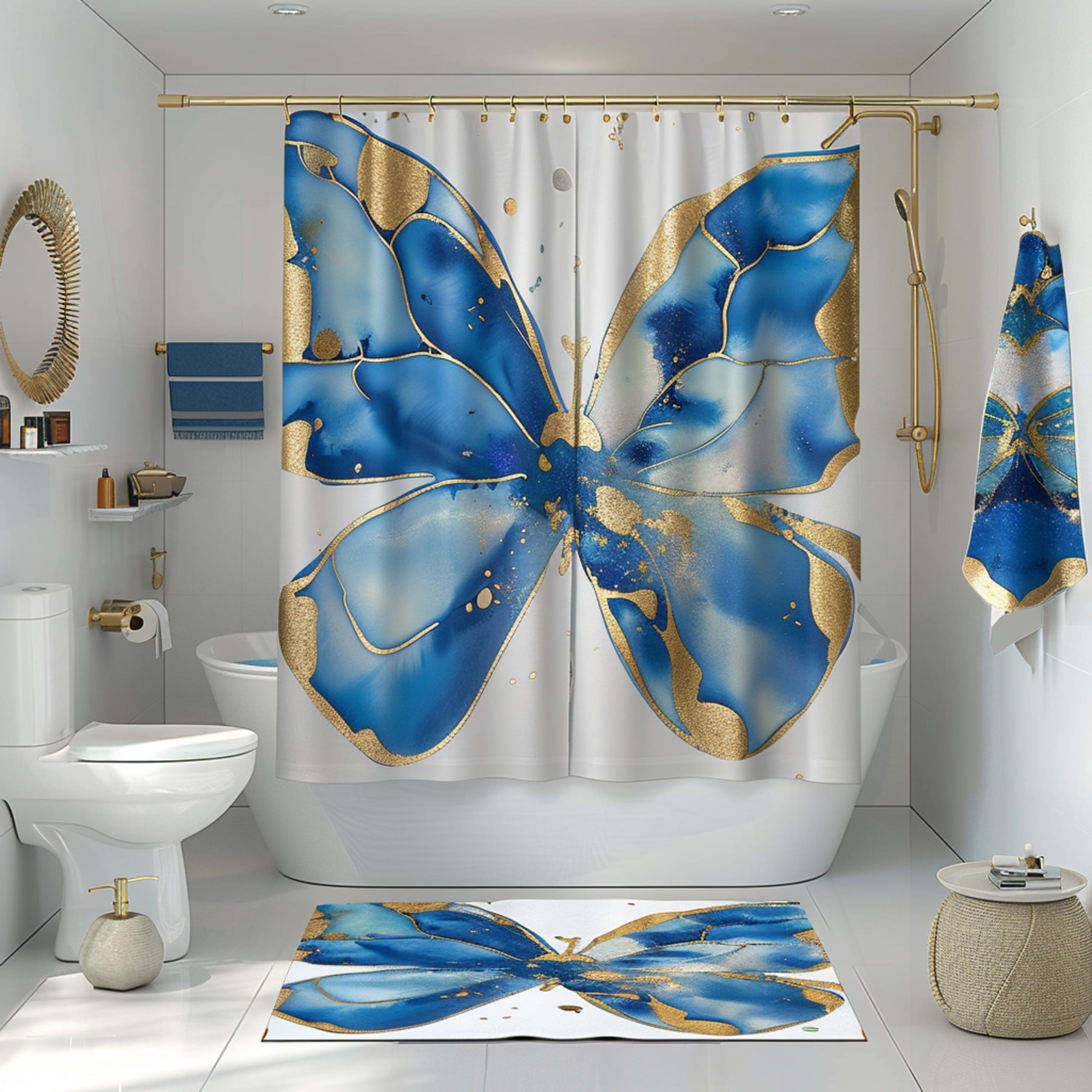 Blue and Gold Butterfly Bathroom Set with Watercolor Design High