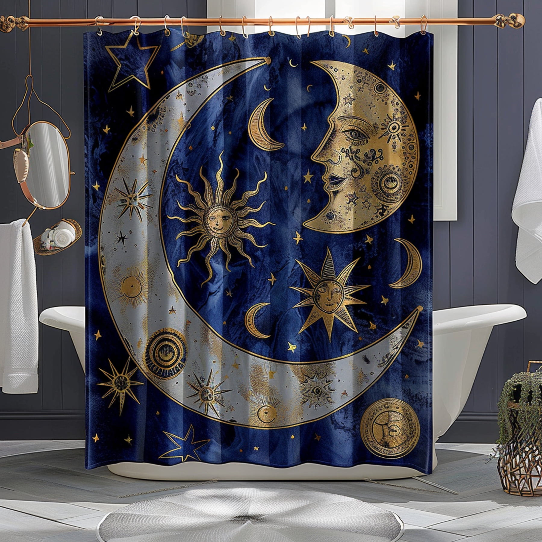 Blue and Gold Celestial Moon Shower Curtain with Stars Suns and Moons