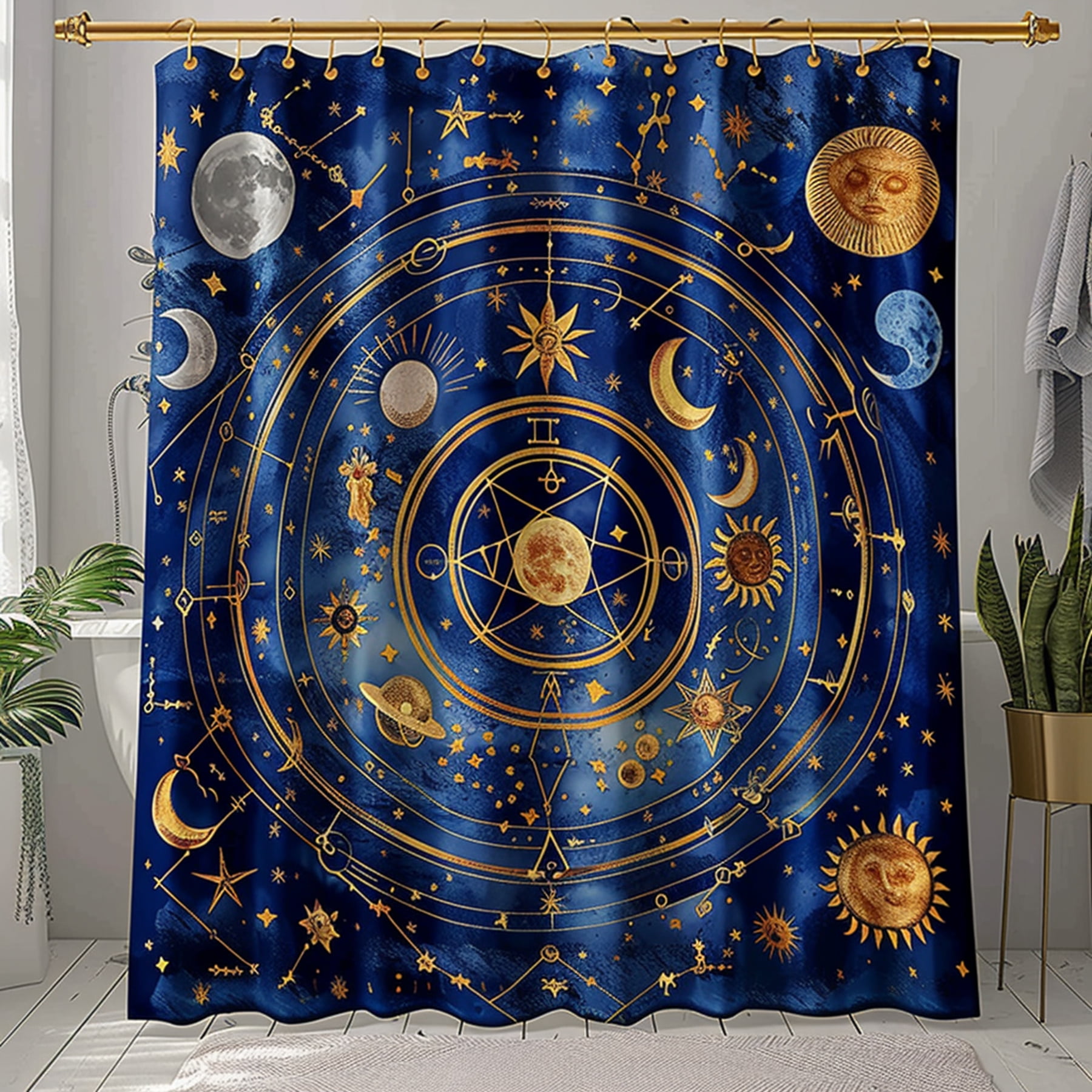 Blue and Gold Celestial Zodiac Shower Curtain with Stars Suns Moons