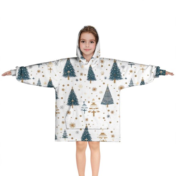 Blue and Gold Christmas Tree Pattern Blanket Hoodies for Kids 6-13YR Oversize Wearable Blanket Hoodies for Boys Girls Teens