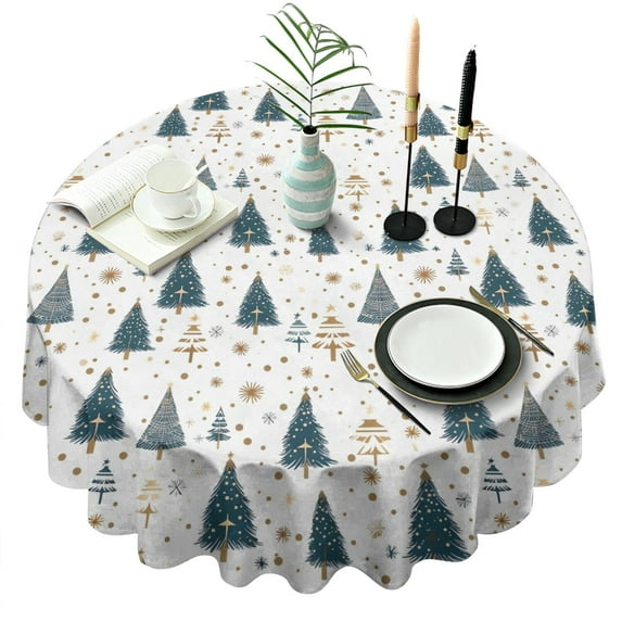 Blue and Gold Christmas Tree Pattern Round Tablecloth 60"x60",Wrinkle Wipeable Table Cloth for Kitchen Dining Room Picnic Patio Party