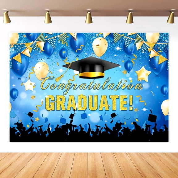 Blue and Gold Congrats Grad Backdrop Class of 2026 Graduation Background Congratulate Graduate Party Decorations Banner Photo Booth Props