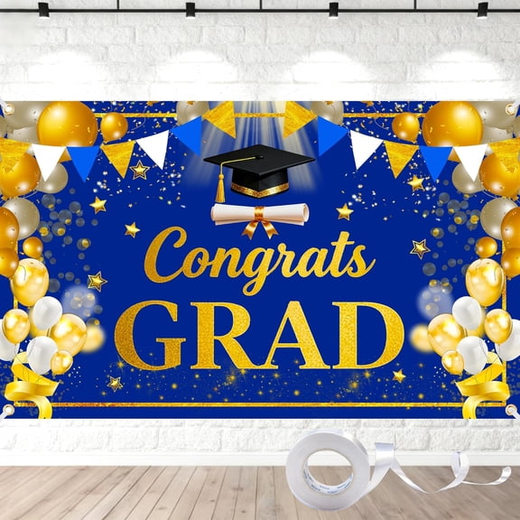 Blue and Gold Congrats Grad Backdrop Class of 2026 Graduation Background Congratulate Graduate Party Decorations Banner Photo Booth Props