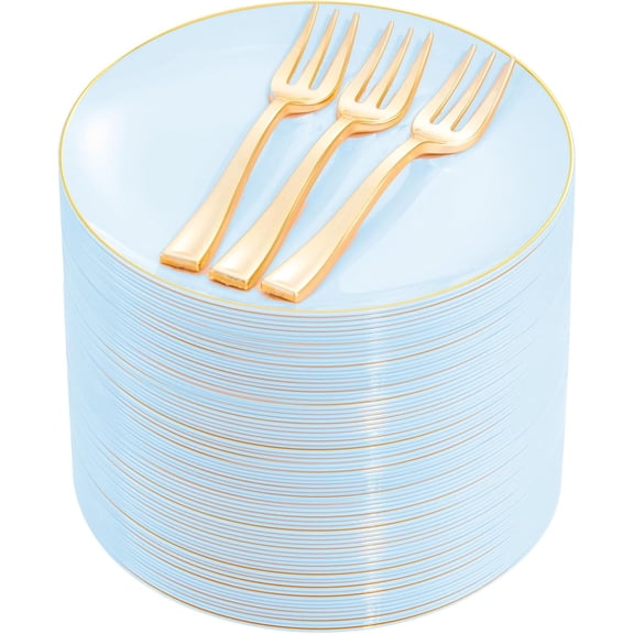 Blue and Gold Disposable Dessert Plates with Plastic Forks 6.3 Inches and 5 Inches