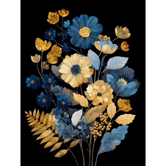 Blue and Gold Floral Canvas Print, Perfect for Living Room, Bedroom, Dining Room, Office, Hotel Decor