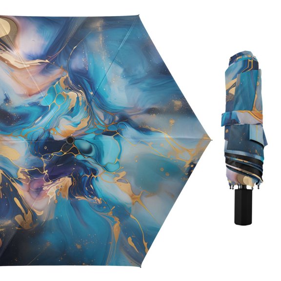 Blue and Gold Fluid Marble Compact Sun Umbrella Windproof Travel Umbrellas for Rain Strong Portable UV Protection