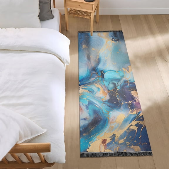 Blue and Gold Fluid Marble Runner Area Rug 2x6 Soft Non-Slip Washable Bedside Carpet for Hallway Bedroom Living Room Home Decor