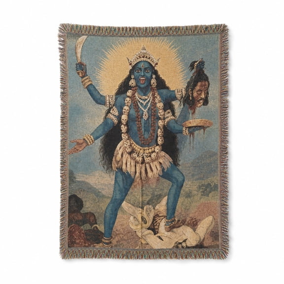 Blue and Gold Kali Deity Art Woven Throw Blanket, Cotton with Fringed Edges, Spiritual with Fringe, Couch and Bed Home Decor