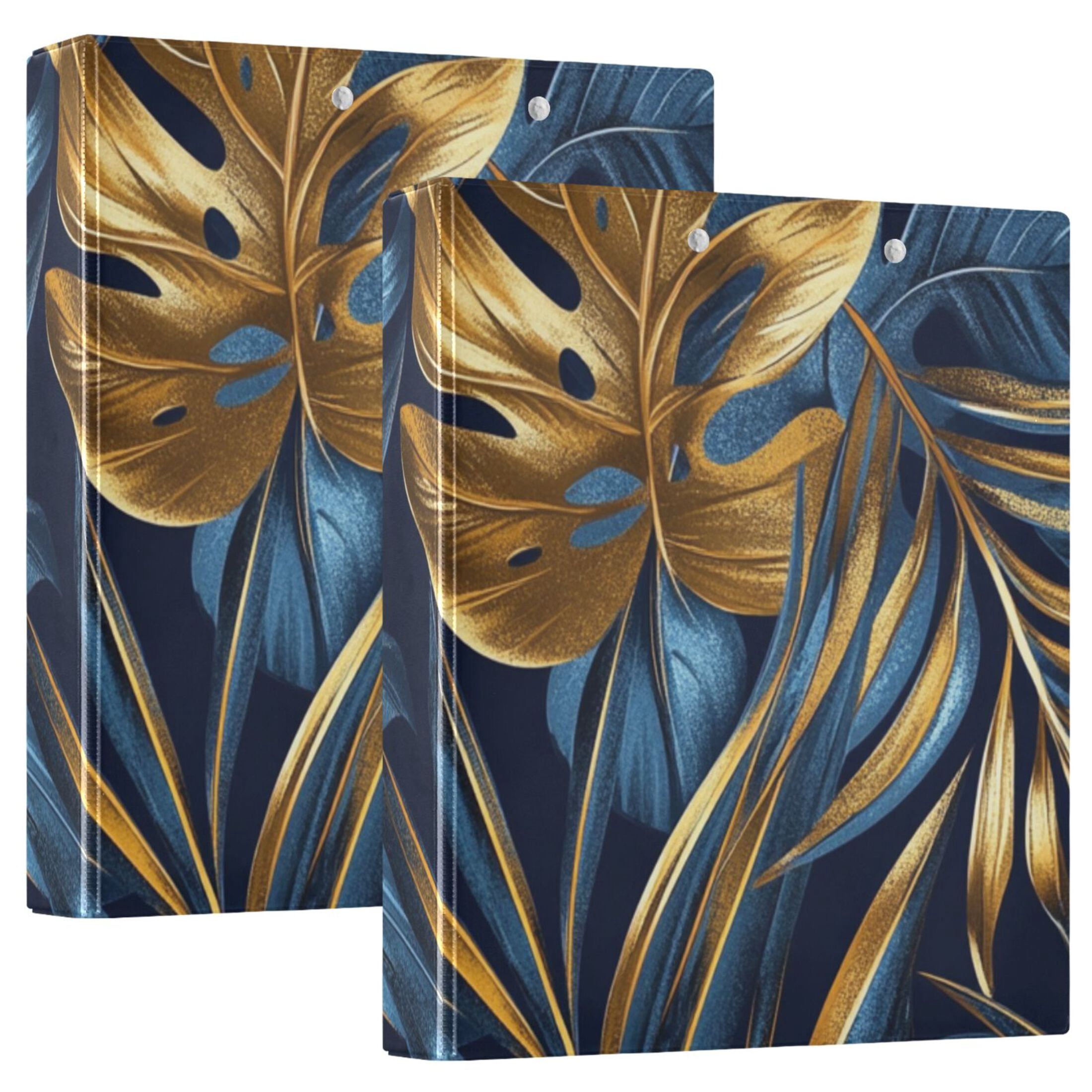 Blue and Gold Leaves 3 Ring Binders 1.5 inch Hardcover File Folders with Interior Pockets A4 Size Organizer for School Office Hospital