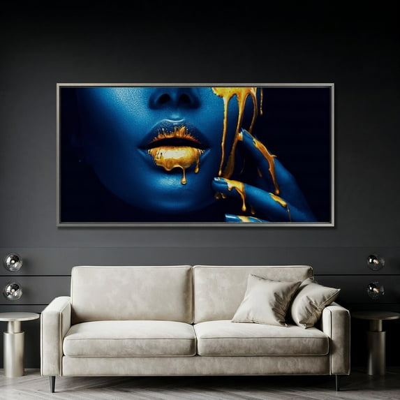 Blue and Gold Lips Abstract Woman Face Art Print Poster Decor For Living Room Bedroom, Stretched Canvas Size 16x24