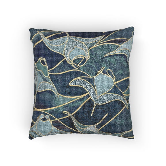 Blue and Gold Manta Ray Ocean Woven Pillow, Cotton-Polyester Shell, Coastal Style