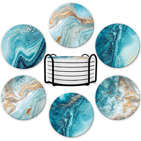 6-Piece Absorbent Ceramic Blue Coaster with Holder Storage, Tabletop Protection Home Decor House Warming Gift
