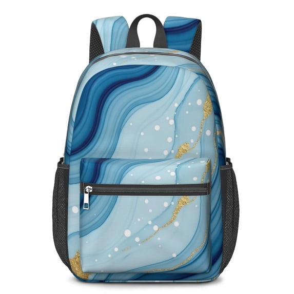 Blue and Gold Marble Pattern 17" Waterproof Oxford School Backpacks for Teens, S-Shape Padded Straps, for School, Travel, Hiking, Camping