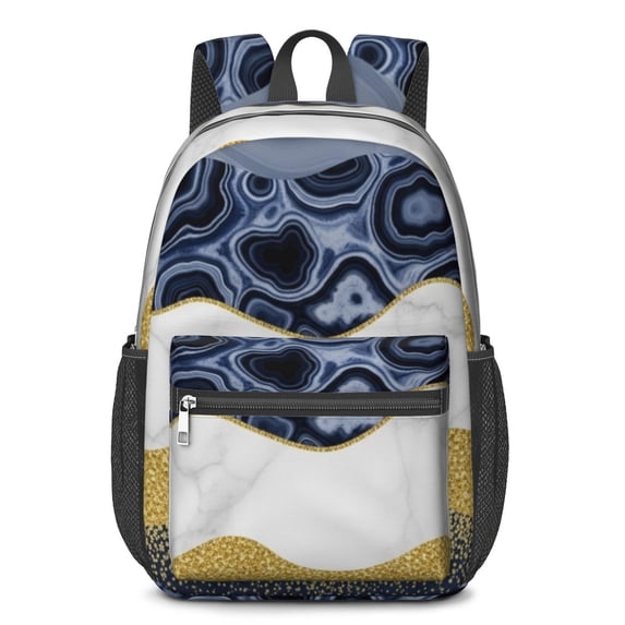 Blue and Gold Marble Pattern 17" Waterproof Oxford School Backpacks for Teens, S-Shape Padded Straps, for School, Travel, Hiking, Camping