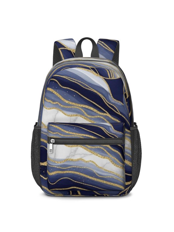 Blue and Gold Marble Pattern 17" Waterproof Oxford School Backpacks for Teens, S-Shape Padded Straps, for School, Travel, Hiking, Camping