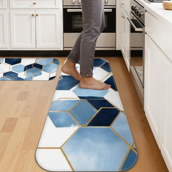 Blue and Gold Marble Pattern 2 Piece Flannel Kitchen Floor Mat Set ...