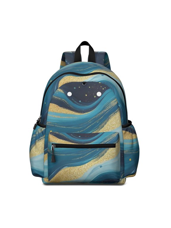Blue and Gold Marble Pattern Backpack for School, Cute School Bag with Adjustable Shoulder Straps and Padded Back, 13.4"x11"x4.7"