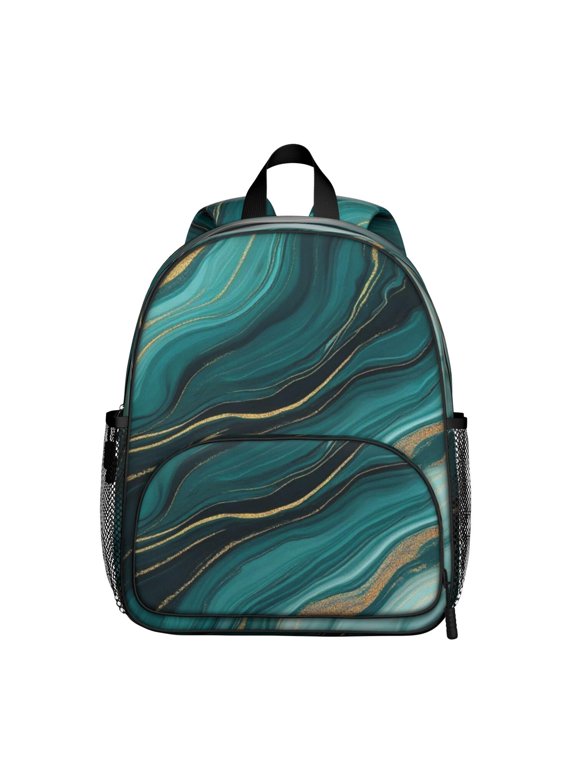 Blue and Gold Marble Pattern Backpack for School, Cute School Bag with Adjustable Shoulder Straps and Padded Back, 13.8"x11.4"x6"