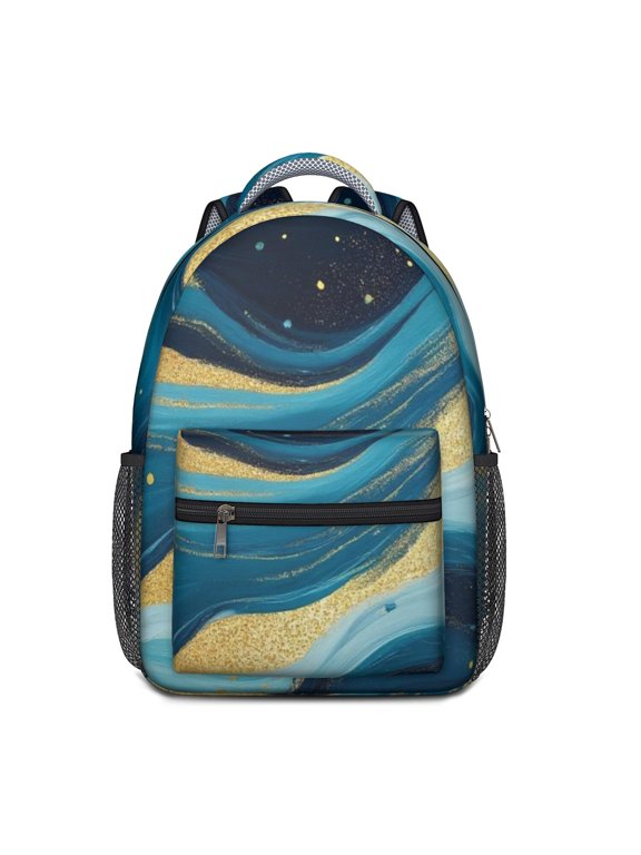 Blue and Gold Marble Pattern Backpack for School, Cute School Bag with Adjustable Shoulder Straps and Padded Back, 15.3"x11"x6.7"