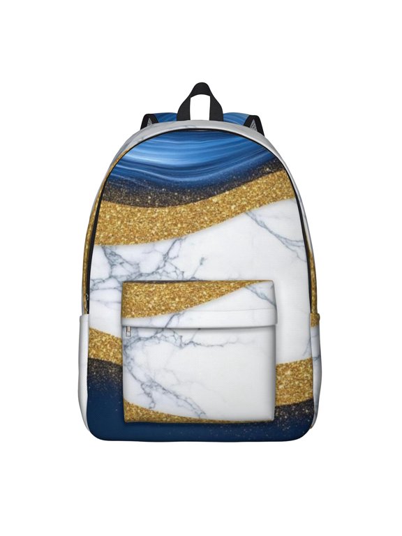 Blue and Gold Marble Pattern Backpack for School, Cute School Bag with Adjustable Shoulder Straps and Padded Back, 15.7"x11.8"x5.5"