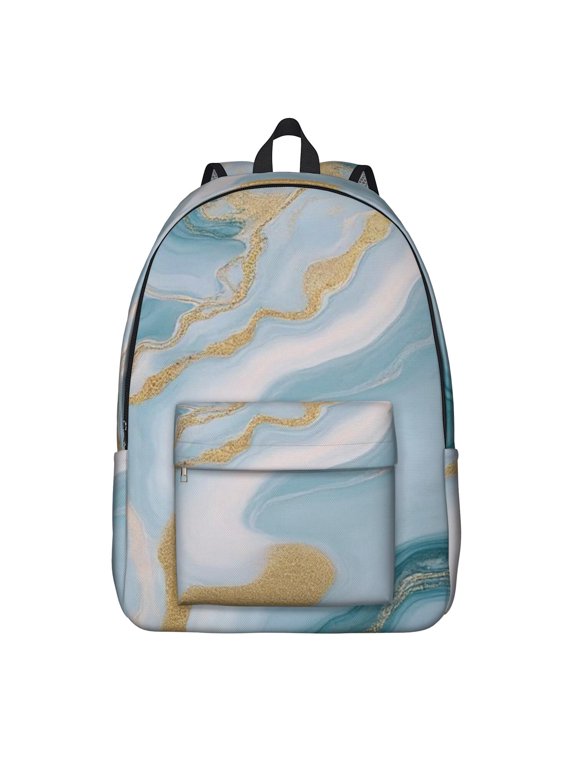 Blue and Gold Marble Pattern Backpack for School, Cute School Bag with Adjustable Shoulder Straps and Padded Back, 15.7"x11.8"x5.5"