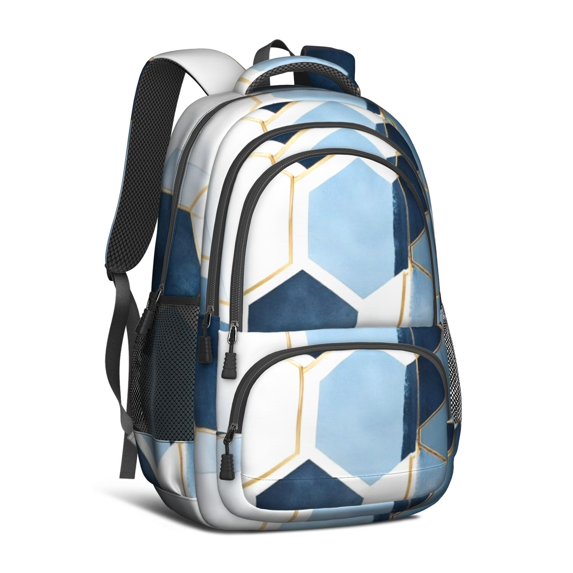 Blue and Gold Marble Pattern Backpack for School, Cute School Bag with Adjustable Shoulder Straps and Padded Back, 16.9"x12.6"x5.9"