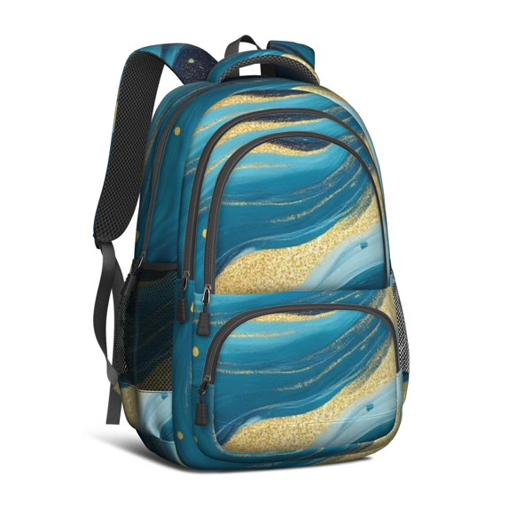 Blue and Gold Marble Pattern Backpack for School, Cute School Bag with Adjustable Shoulder Straps and Padded Back, 16.9"x12.6"x5.9"