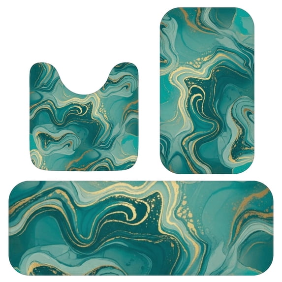 Blue and Gold Marble Pattern Bathroom Rug Set 3 Piece,Non-Slip Bath Mat Set with U-Shaped Contour and Runner Soft Absorbent Washable