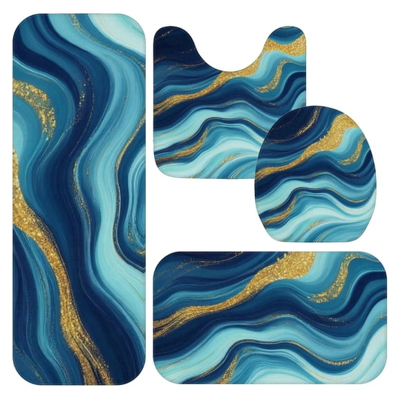 Blue and Gold Marble Pattern Bathroom Rug Set 4 Piece,Includes Contour,Lid Cover,Bath Mat,Non-Slip Extra Soft Absorbent Washable