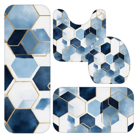 Blue and Gold Marble Pattern Bathroom Rug Set 4 Piece,Includes Contour,Lid Cover,Bath Mat,Non-Slip Extra Soft Absorbent Washable
