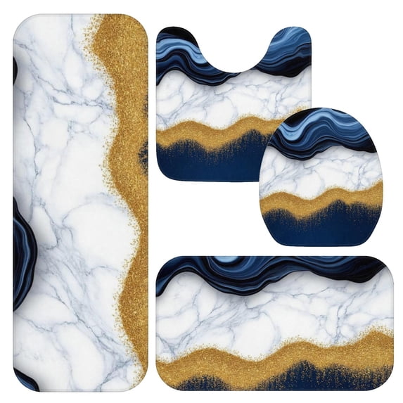 Blue and Gold Marble Pattern Bathroom Rug Set 4 Piece,Includes Contour,Lid Cover,Bath Mat,Non-Slip Extra Soft Absorbent Washable