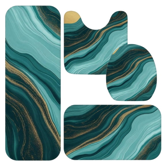 Blue and Gold Marble Pattern Bathroom Rug Set 4 Piece,Includes Contour,Lid Cover,Bath Mat,Non-Slip Extra Soft Absorbent Washable