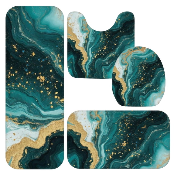 Blue and Gold Marble Pattern Bathroom Rug Set 4 Piece,Includes Contour,Lid Cover,Bath Mat,Non-Slip Extra Soft Absorbent Washable