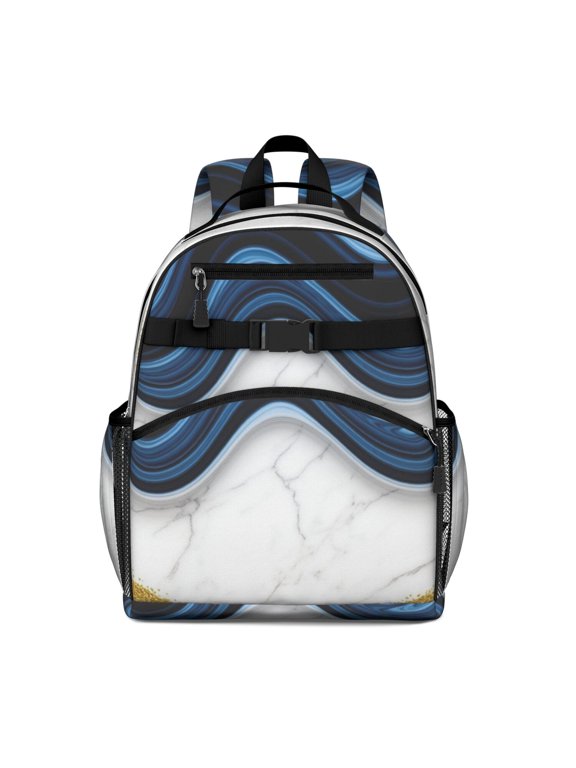 Blue and Gold Marble Pattern Cute School Backpack Bag for School with Padded Back and Adjustable Shoulder Straps 15.25"x11.5"x5.25"