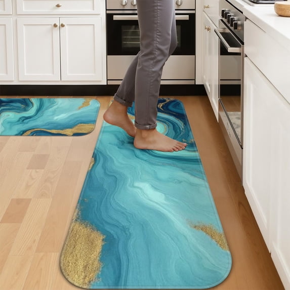 Blue and Gold Marble Pattern Kitchen Mat Set Of 2,Anti-Fatigue Floor Mats, Non-Slip Standing Mats for Kitchen, 47x17 and 30x17 Inches