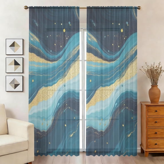 Blue Patternws Blue and Gold Marble Pattern Sheer Curtains, Rod Pocket Sheer Drapes ...