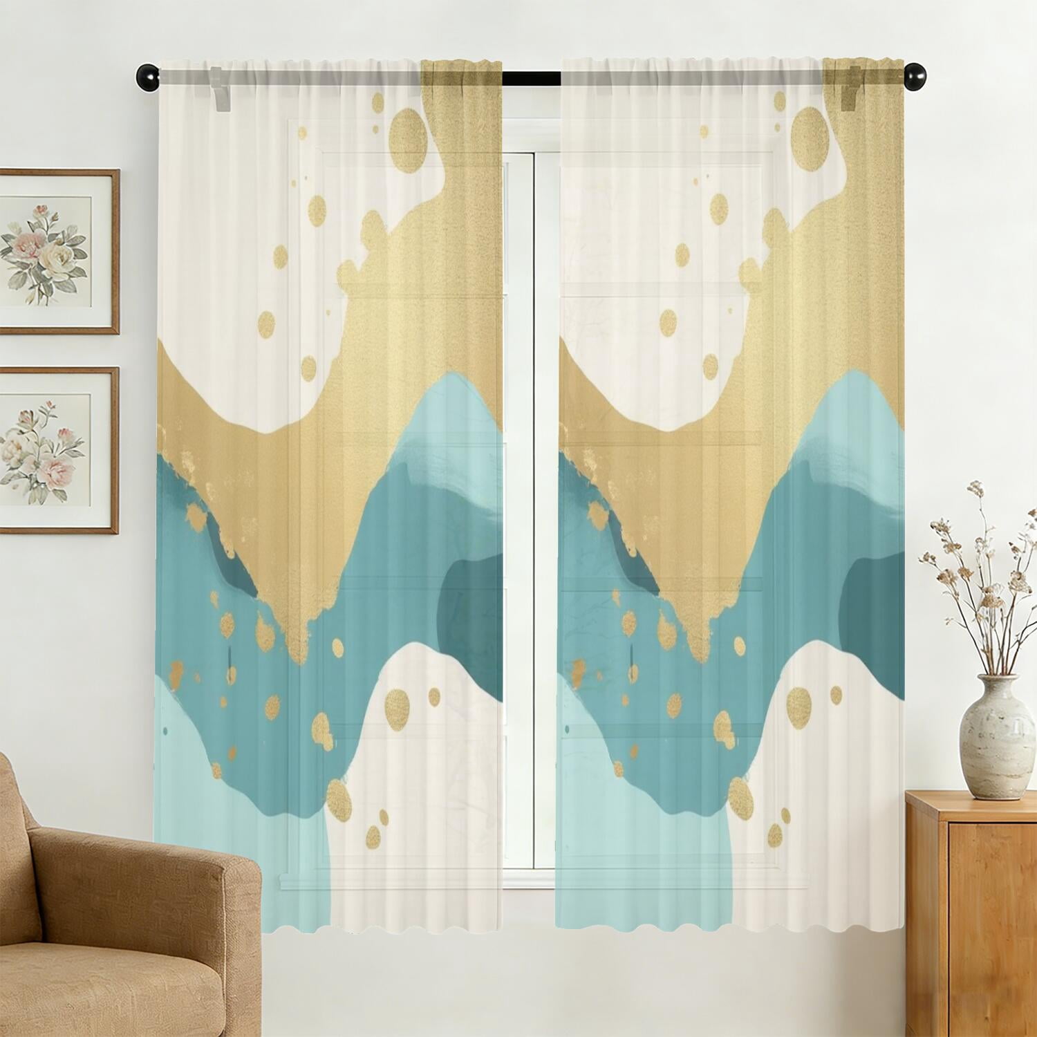 Blue and Gold Marble Pattern Sheer Curtains, Rod Pocket Sheer Drapes ...