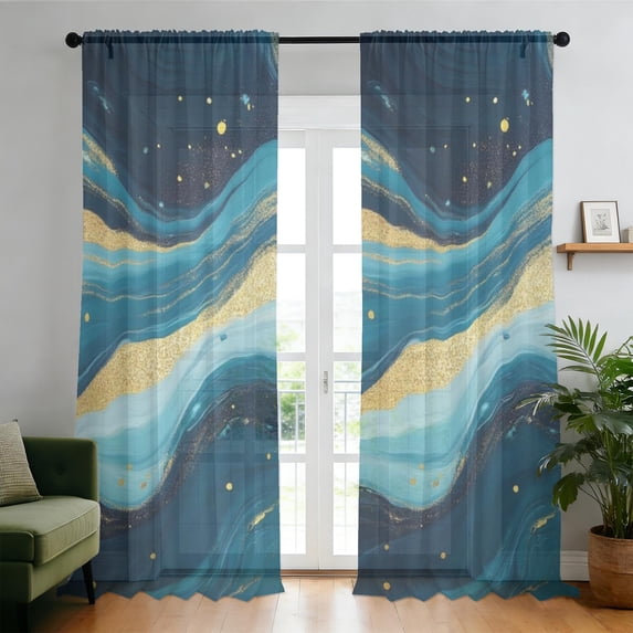 Blue Patternws Blue and Gold Marble Pattern Sheer Curtains, Sheer Curtain Panels with ...