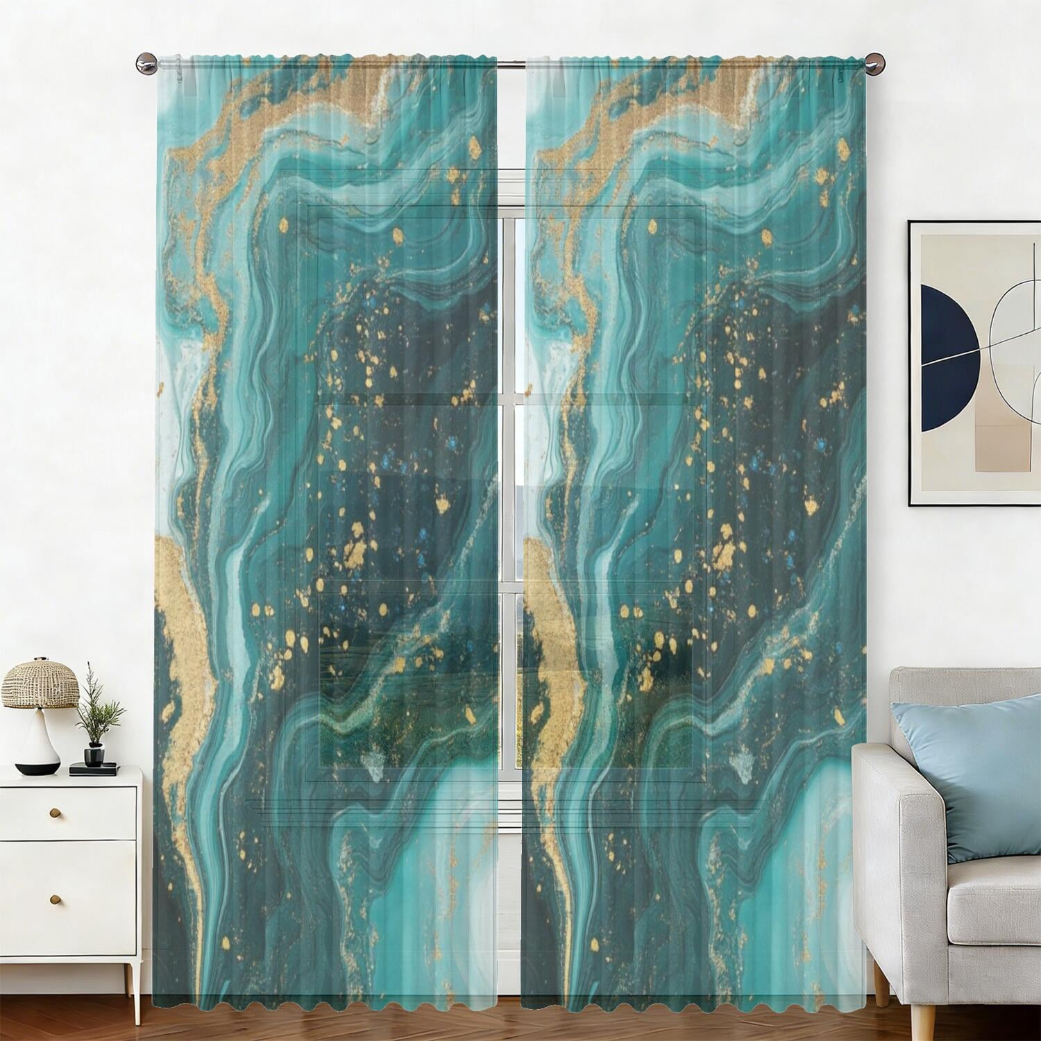 Blue and Gold Marble Pattern Sheer Curtains, Voile Drapes with Dual Rod ...