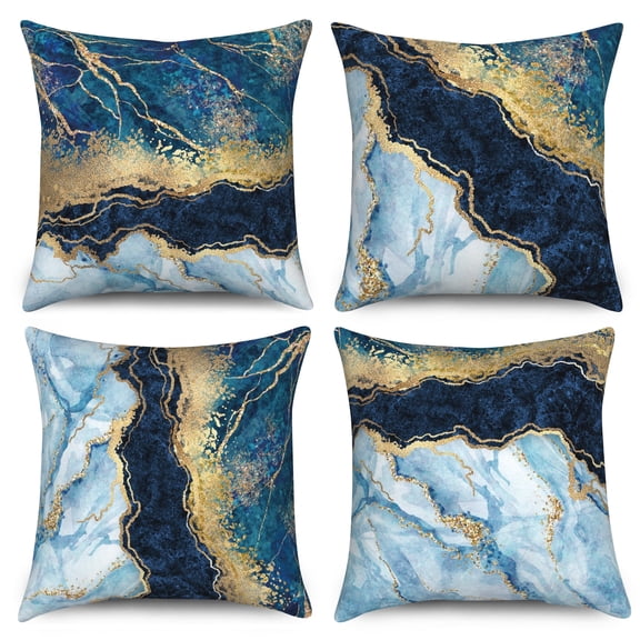 Blue and Gold Marble Pillow Cover 16x16 Set of 4,Abstract Modern Cushion Cases for Couch Sofa Bed Home Decor