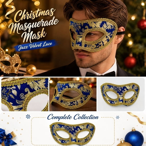 Blue and Gold Masquerade Mask 7 Inch Venetian Masquerade Masks Mens Masquerade Mask for Mardi Gras Party Halloween Events, 1 Pack