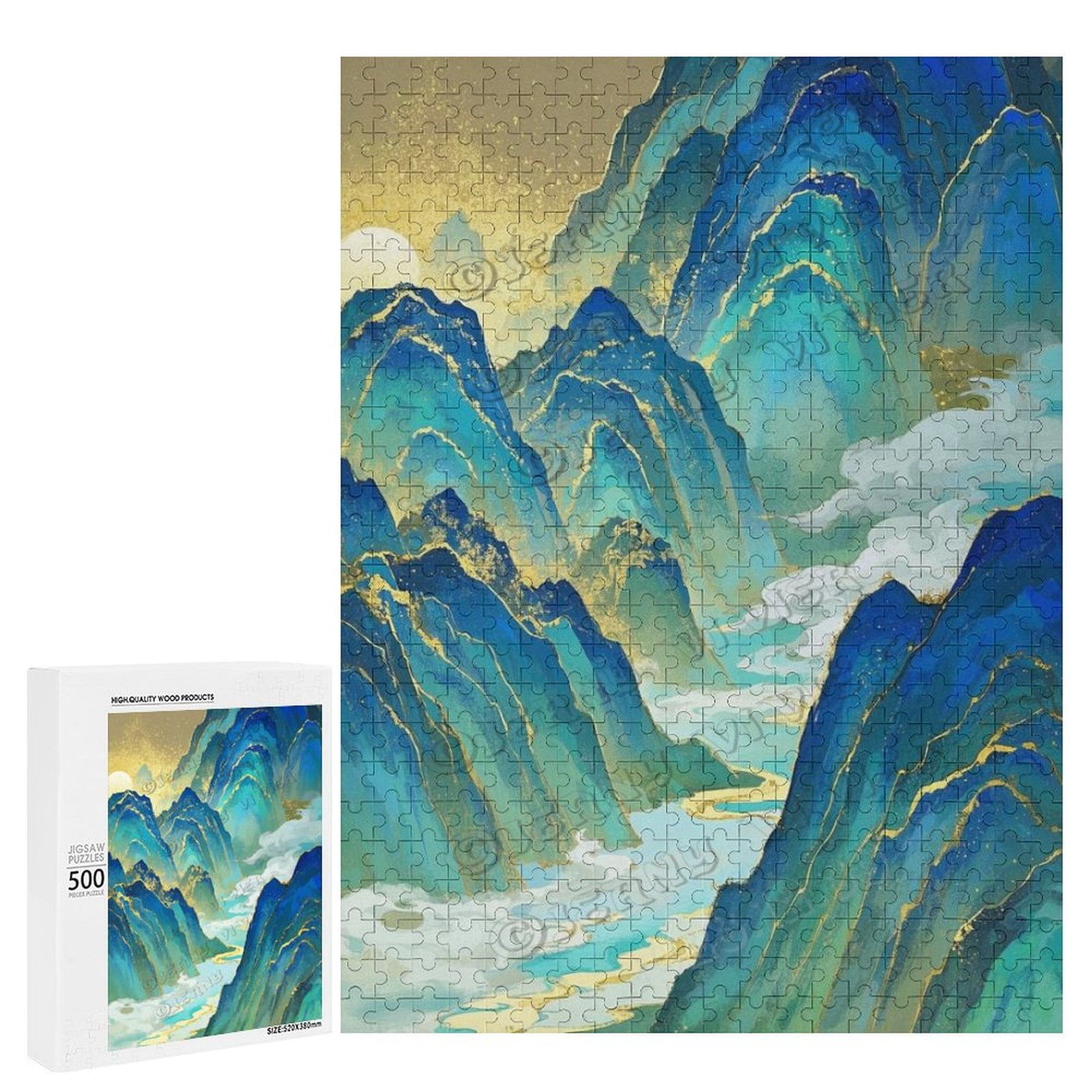 Blue and Gold Mountain Wooden Puzzle, 500 Pieces, Scenic Art for Adults ...