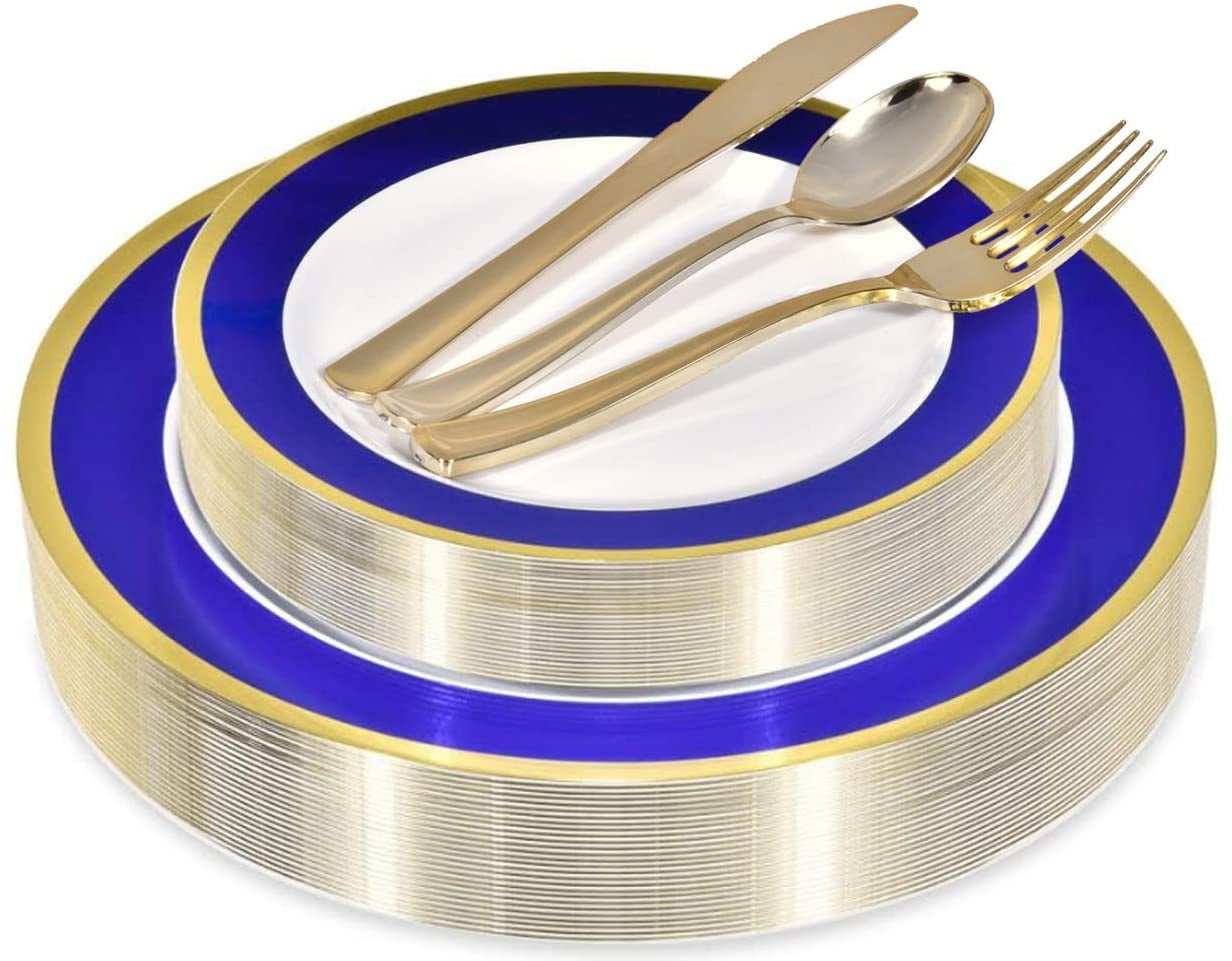 Blue and Gold Rim Plastic Dinnerware (125-Piece) Plastic Plates, Plastic Forks, Plastic Knives, Plastic Spoons - Service for 25 Guests