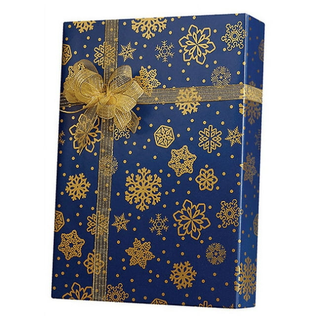 Blue and Gold Sparkling Snowflakes Birthday / Special Occasion Gift Wrap Wrapping Paper-16ft